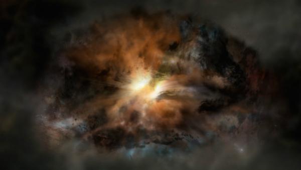 Ilustração da galáxia chamada W2246-0526, a mais luminosa conhecida. Foto: NRAO/AUI/NSF; Dana Berry / SkyWorks; ALMA (ESO/NAOJ/NRAO)