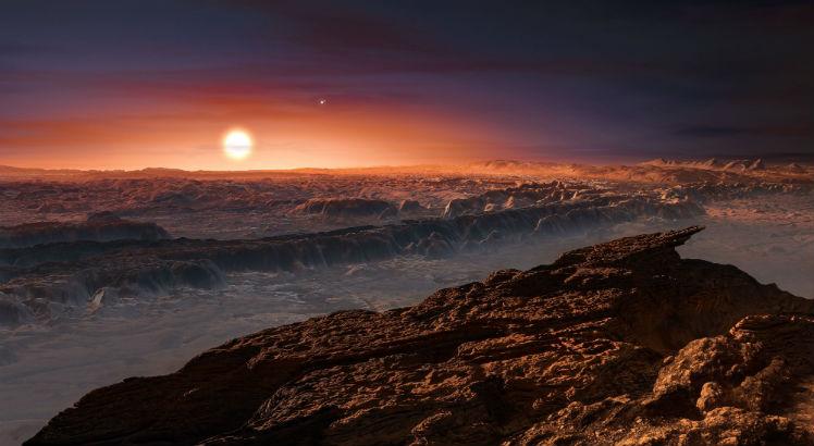 Impressão de um artista da vista da
superfície do planeta Proxima b, que  orbita a estrela anã vermelha Proxima
Centauri. Imagem: AFP / EUROPEAN SOUTHERN OBSERVATORY / M. Kornmesser