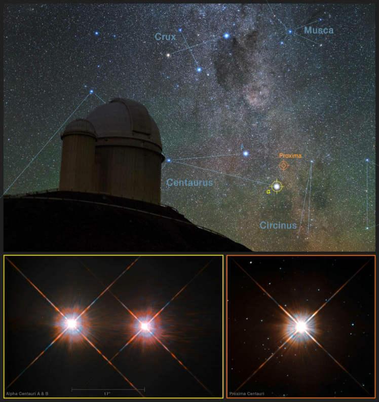 A partir do Observatório La Silla, no Chile, pode-se ver Proxima Centauri (direita) e o duplo sistema estelar Alpha Centauri AB. Foto: AFP / EUROPEAN SOUTHERN OBSERVATORY / Y. Beletsky (LCO)/ESO/ESA/NASA/M. Zamani
