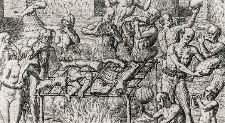 Canibalismo no Brasil em 1557, como descrito por Hans Staden (por volta de 1525 - Wolfhagen, 1579). Gravure de Théodore de Bry, 1562