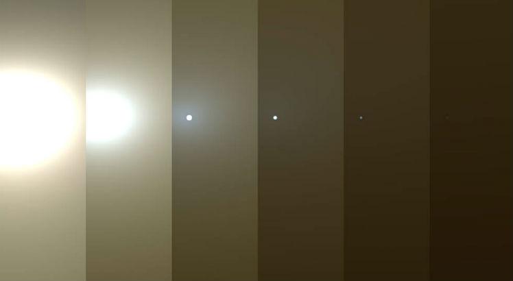 Esta série de imagens mostra visualizações simuladas de um céu marciano escurecendo o Sol do ponto de vista do Opportunity rover da NASA, com o lado direito simulando a visão atual do Opportunity na tempestade de poeira global. Crédito: NASA/JPL-Caltech/TAMU