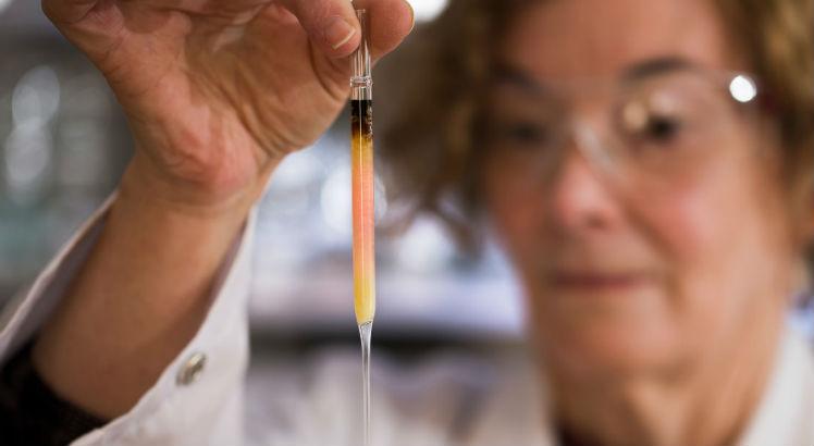 A gerente de laboratório de biogeoquímica, Janet Hope, segura um frasco de porfirinas coloridas (líquido de cor rosa), que se acredita serem alguns dos pigmentos mais antigos do mundo. Foto: Lannon Harley / Universidade Nacional Australiana
