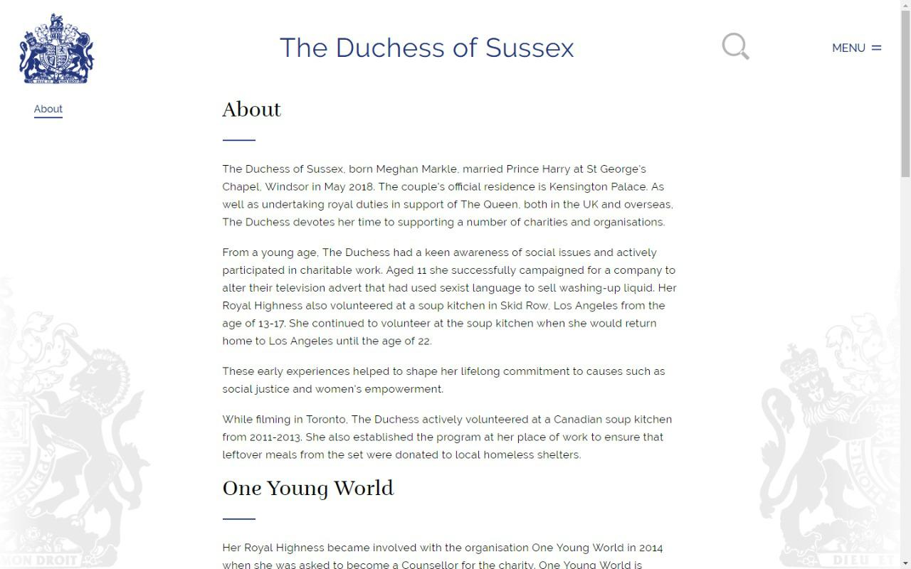 "Sobre" de Meghan Markle a Duquesa de Cambridge no site da família real 