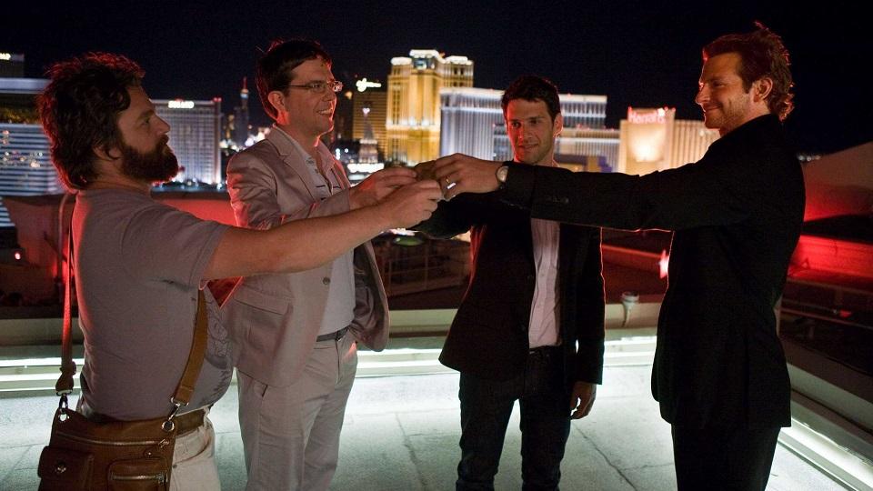 (L-r) Alan (ZACH GALIFIANAKIS), Stu (ED HELMS), Doug (JUSTIN BARTHA) and Phil (BRADLEY COOPER) raise a toast on the rooftop to commence Doug's bachelor party in Warner Bros. Pictures' and Legendary Pictures' comedy "The Hangover," a Warner Bros. Pictures release.
PHOTOGRAPHS TO BE USED SOLELY FOR ADVERTISING, PROMOTIONAL, PUBLICITY OR REVIEWS OF THIS SPECIFIC MOTION PICTURE AND TO REMAIN THE PROPERTY OF THE STUDIO. NOT FOR SALE OR REDISTRIBUTION.