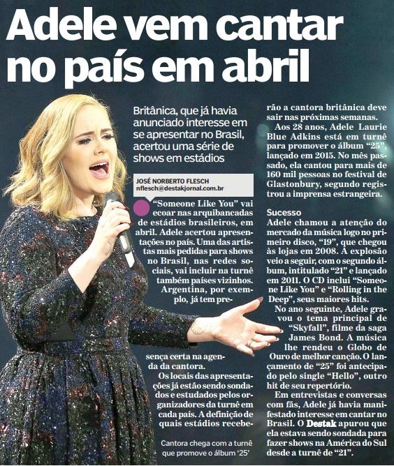 Adele virá ao Brasil em abril de 2017, revela jornal