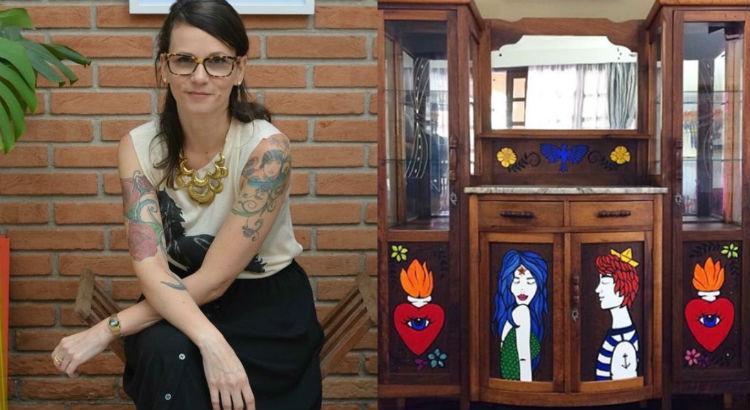 A artista plástica Mariana Belém e o móvel restaurado / Foto: Denize Barros/Divulgação