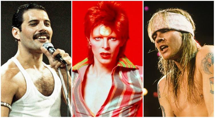 Freddie Mercury, David Bowie e Axl Rose fazem parte da playlist do Dia do Rock (Imagens; Reprodução)