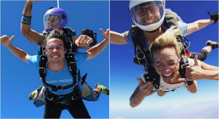 Kaká e Carol Dias saltando de paraquedas (Imagens: Reprodução)