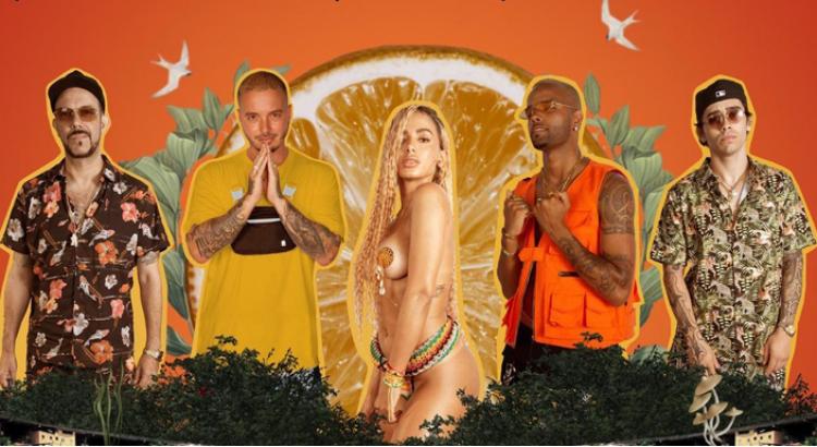 Tropkillaz, Anitta, J Balvin e MC Zaac na capa do single "Bola Rebola" (Imagem: Reprodução)