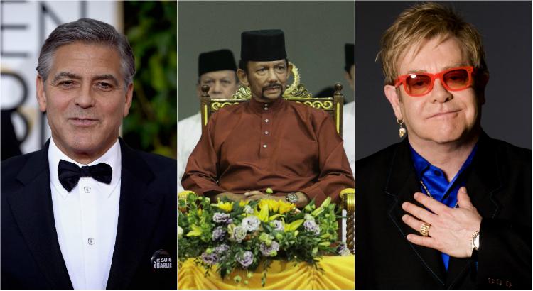 George Clooney e Elton John boicotam hotéis do sultão Hassanal Bolkiah, do Sultanato de Brunei (Imagens: Reprodução)