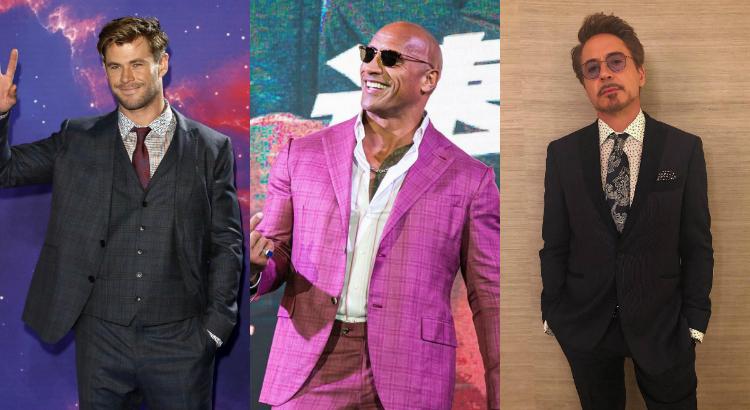 The Rock (centro), Chris Hemsworth (esquerda) e Robert Downey Jr (direita) lideram o ranking dos atores mais bem pagos do mundo (Imagens: Reproduções do Instagram)