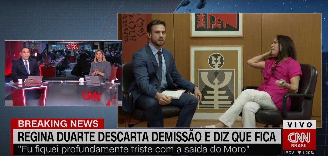 Regina Duarte decide encerrar entrevista na CNN Brasil após questionamentos sobre o setor cultural. Foto: Reprodução/CNN Brasil