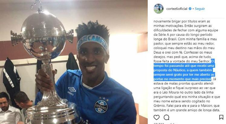Bruno Cortez agradeceu ao Náutico nas redes sociais. Foto: Reprodução/Instagram