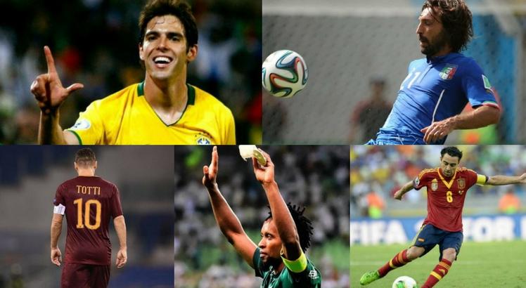 Kaká, Pirlo, Totti, Zé Roberto e Xavi foram alguns dos futebolistas a pendurarem as chuteiras neste ano. Fotos: Arnaldo Carvalho (JC Imagem) / AFP / Reprodução (Twitter)