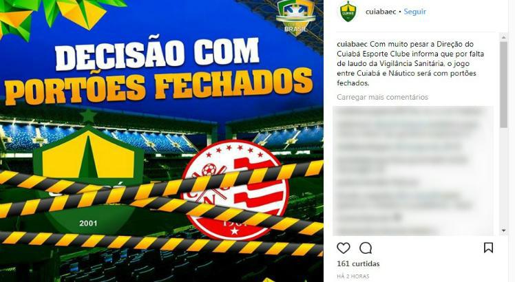 Cuiabá lamentou portões fechados na Arena Cuiabá. Foto: Reprodução Instagram Cuiabá