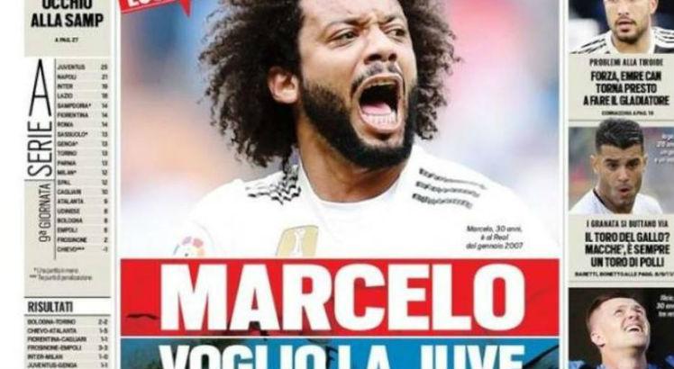 Periódico italiano apontou que o lateral Marcelo estaria interessado em jogar na Juventus. Foto: Reprodução/TuttoSport-ITA