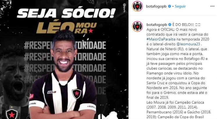 Botafogo-PB oficializou a contratação de Léo Moura nesta segunda-feira. Foto: Reprodução/Instagram
