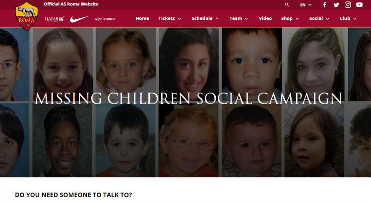 A equipe italiana realiza a campanha para ajudar a encontrar crianças desaparecidas pelo mundo. Foto: Reprodução/Site da Roma