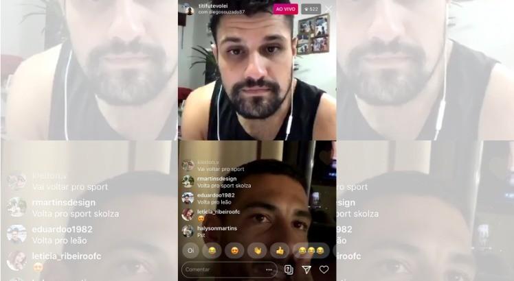 Diego Souza em live com o atleta profissional de futevôlei Marcelo Freitas de Lima. Foto: Reprodução/Instagram